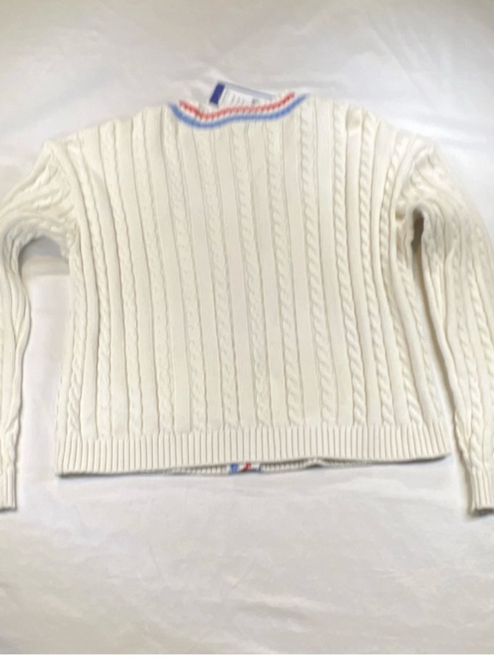 Pickle Ball Prince Cream Cable Knit Cardigan with Red & Blue Trim - Picture 2 of 4